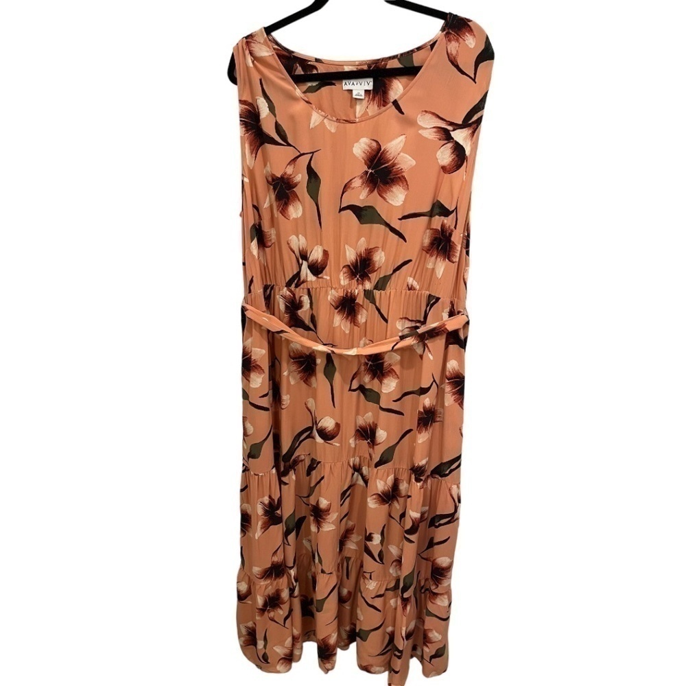 Ava&viv Sleeveless Tank Tiered Coral Floral Maxi Dress Sz 2X Summer Cottagecore